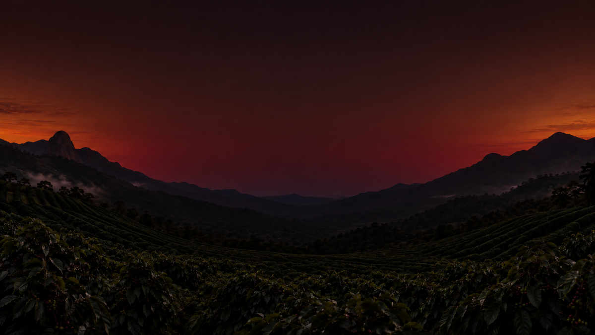 Lavoura de café e montanhas do Caparaó no crepúsculo